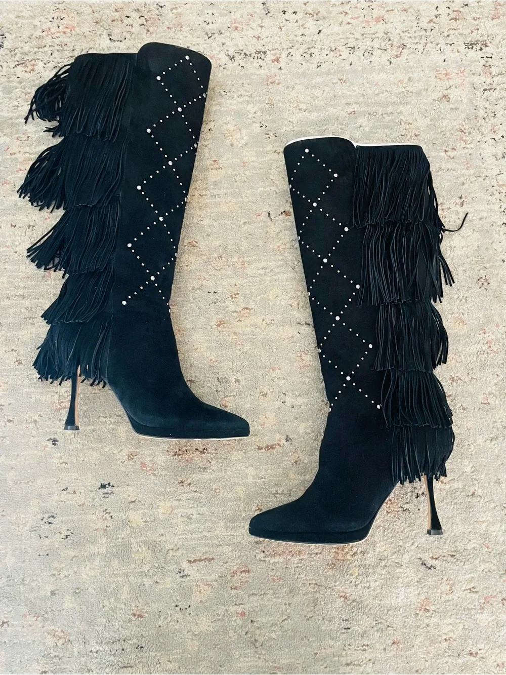 Vince Camuto Panaryaz Fringe Suede Knee-High Boots in Black Stud New